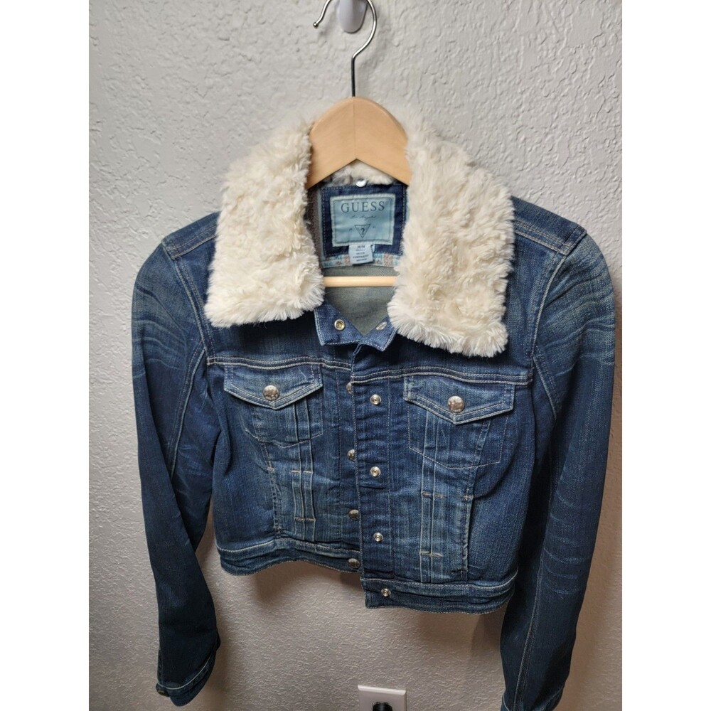 GUESS Women’s M Denim Jean Jacket Faux Fur Sherpa Collar Western Y2K